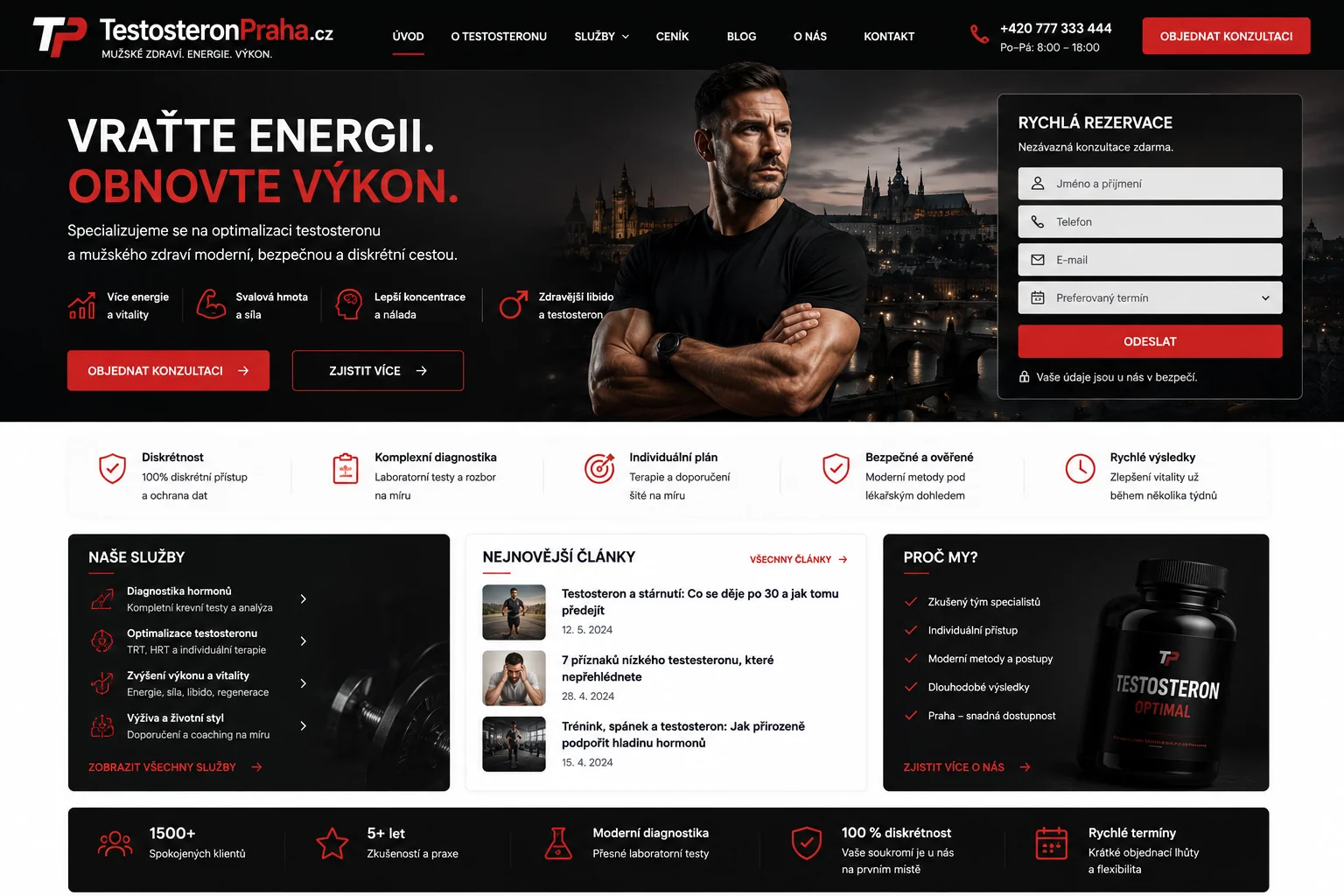 Ilustrační návrh webu TestosteronPraha.cz s konzultací a články o testosteronu